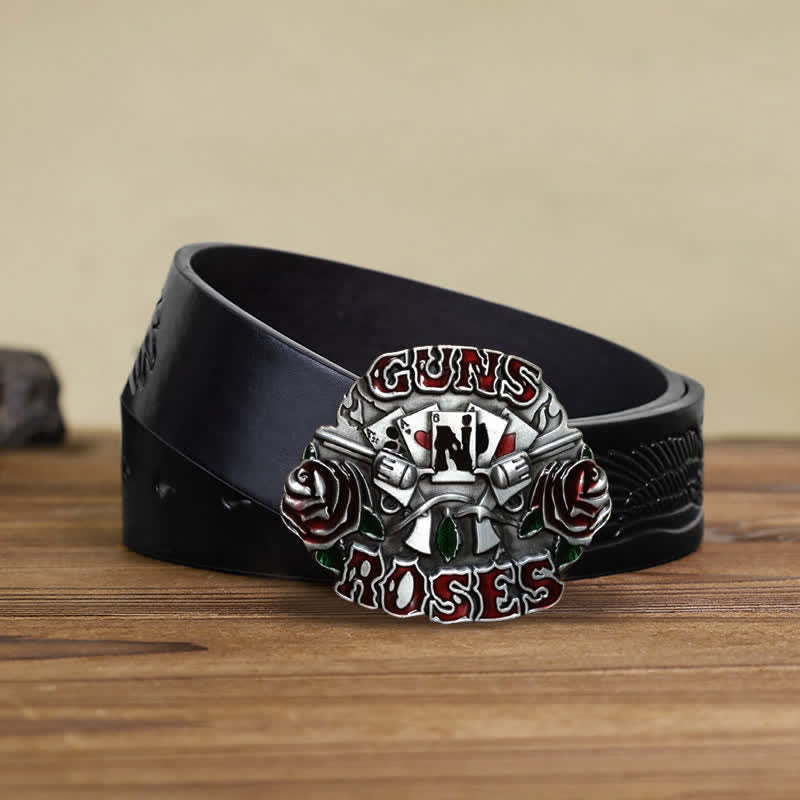 Men's DIY Double Guns Roses Buckle Leather Belt