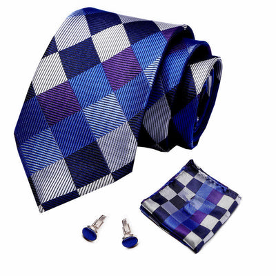 3Pcs Men's Modern Blue & Gray Checkerboard Necktie Set