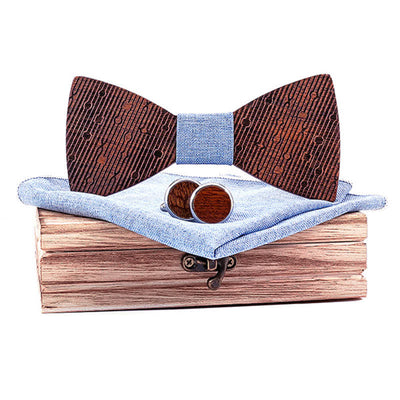 3Pcs Men's Hollow Leaves-shaped Wooden Bow Tie Set