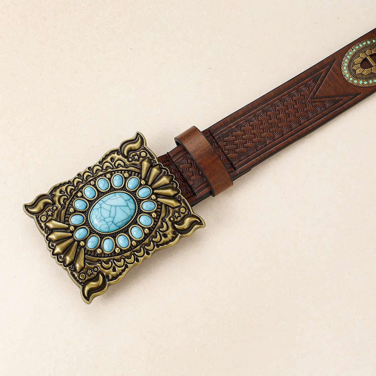 Women's Retro Western Square Turquoise Buckle Leather Belt