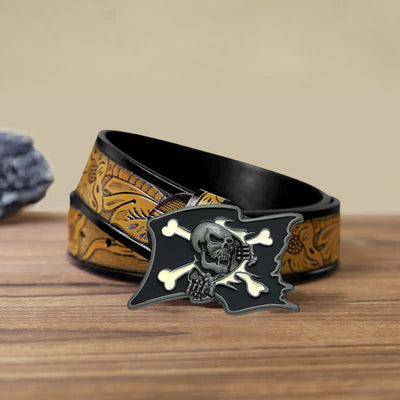 Men's DIY Jolly Roger Skull Flag Buckle Leather Belt