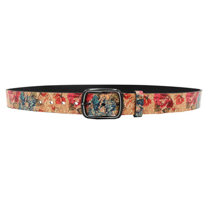 Coral & Red Rose Botanical Printed Leather Belt