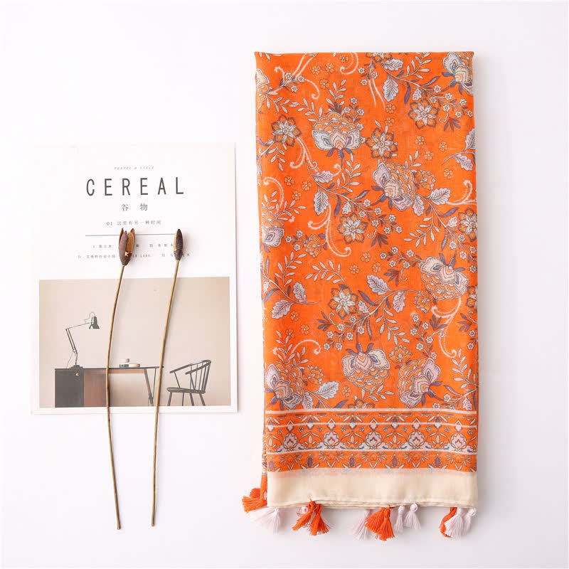 Women's Bohemian Print Floral Tassel Scarf