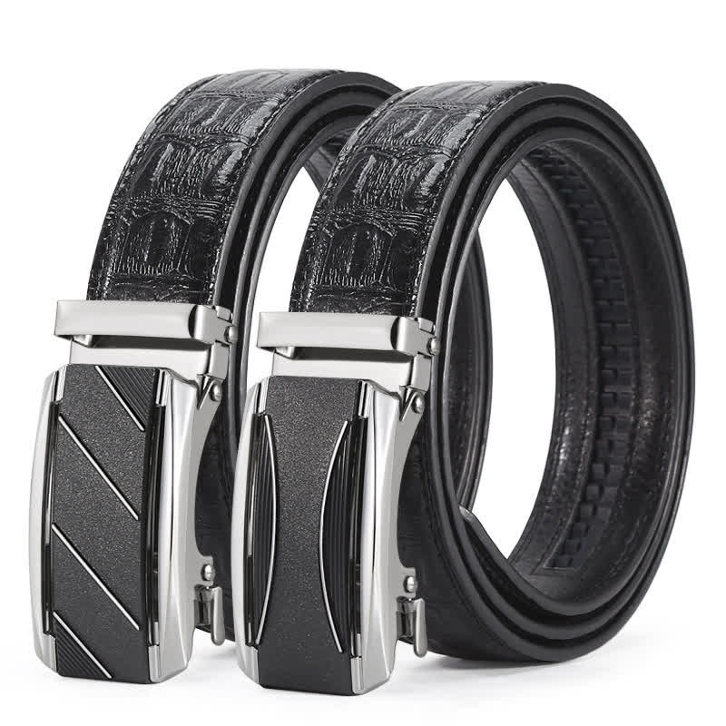 Men's Black & Silver Crocodile Print Automatic Buckle Leather Belt