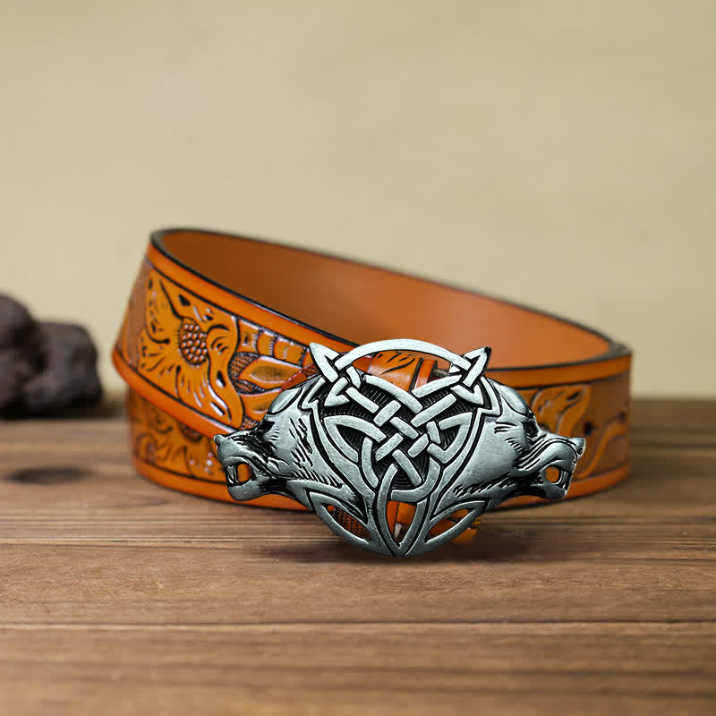 Men's DIY Wolf Head Celtic Knot Buckle Leather Belt