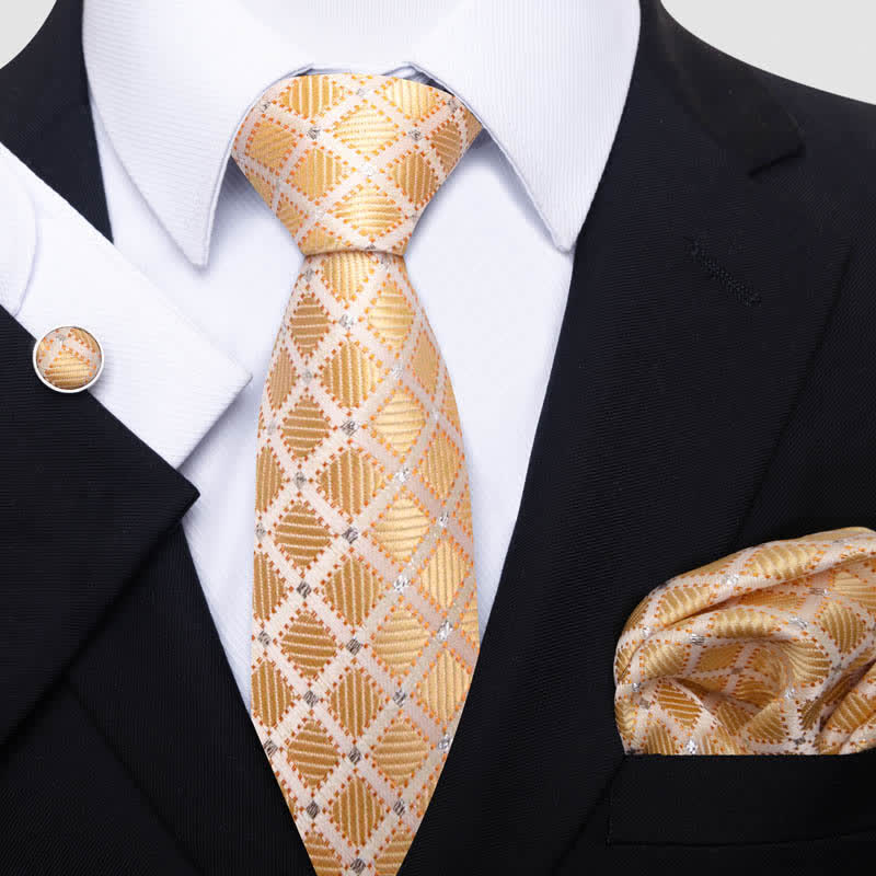 3Pcs Men's Tasteful Gold & Bisque Checked Necktie Set