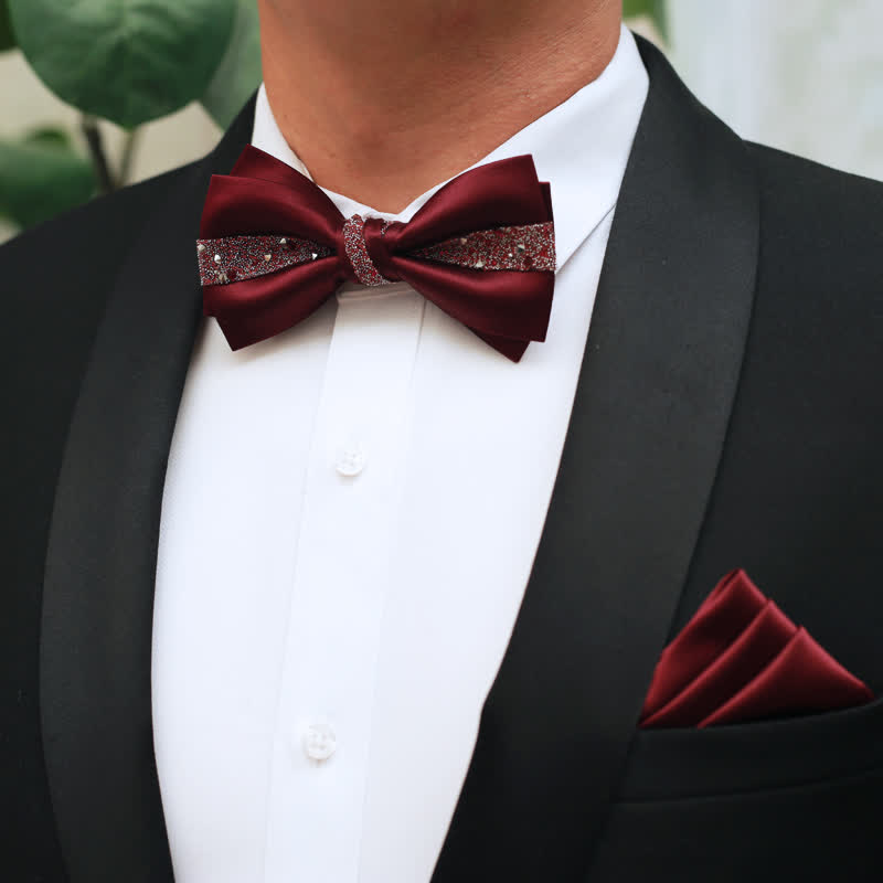 Men's Color of Red Rhinestone Bow Tie Pocket Square