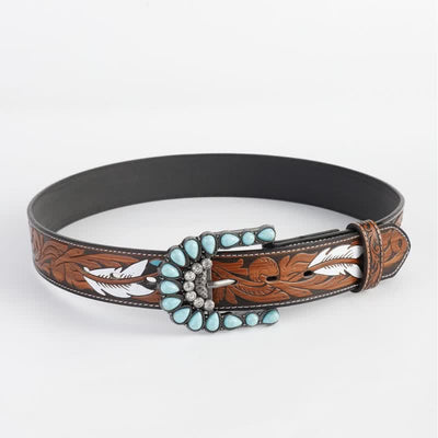 Women's Vintage Engraved Feather Printed Leather Belt