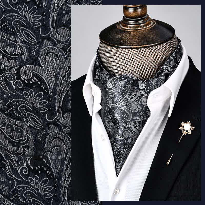 Black & White Modern Grandeur Floral Ascot Paisley Cravat