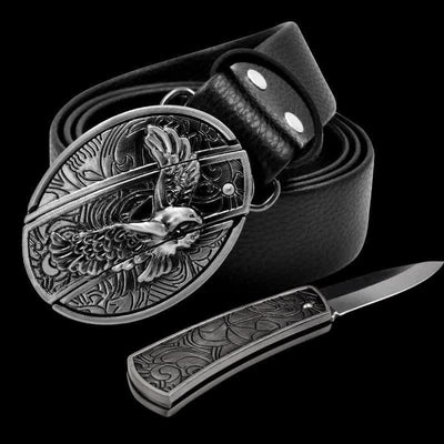 Men's Soaring Eagle Leather Belt With Folding Knife