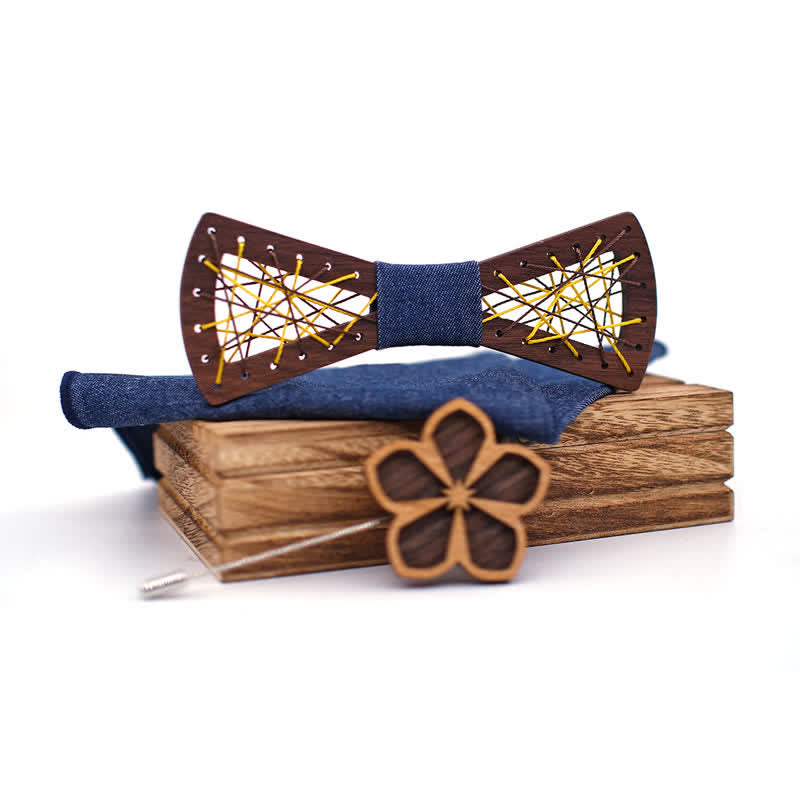 3Pcs Men's Woven Embroidered Wooden Bow Tie Set