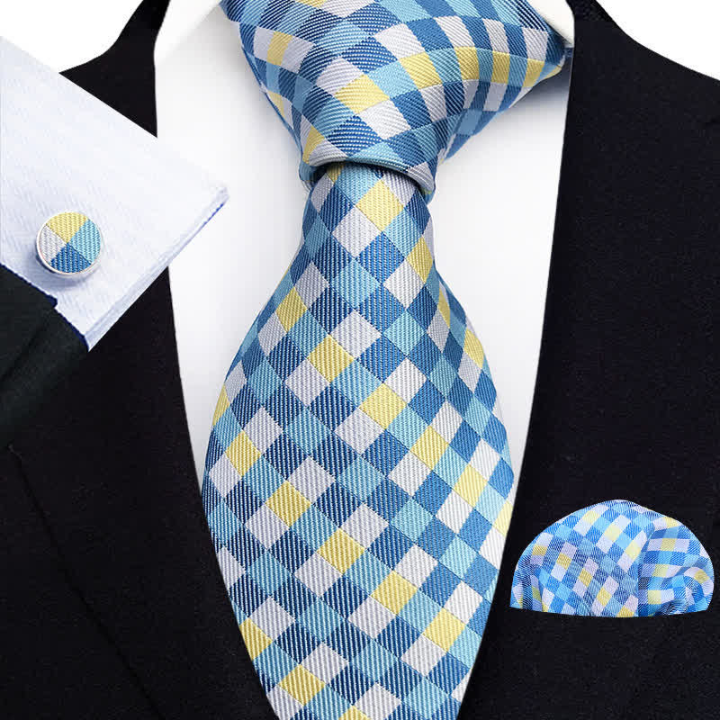 3Pcs Men's SkyBlue & Yellow Check Necktie Set