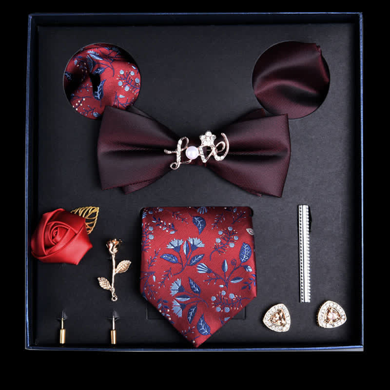 8Pcs Burgundy&Red Floral Casual Necktie Bow Ties Gift Box