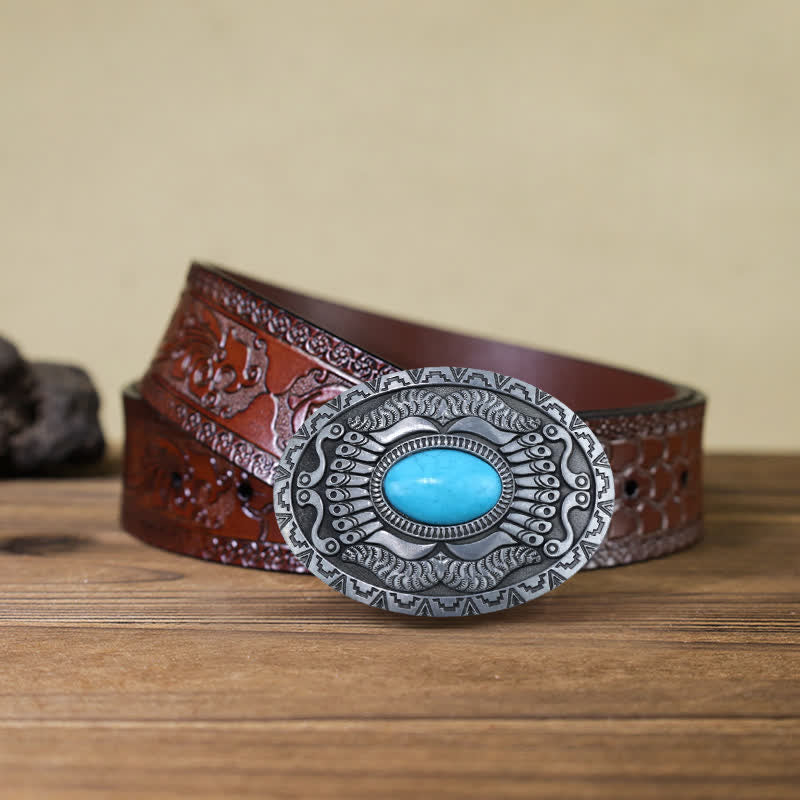 Men's DIY Indian Shield Turquoise Buckle Leather Belt