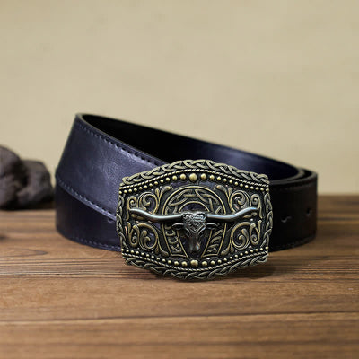 Men's DIY Hollow Bull Head Buckle Leather Belt