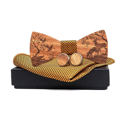 3Pcs Men's Fancy Christmas Elk Wooden Bow Tie Set