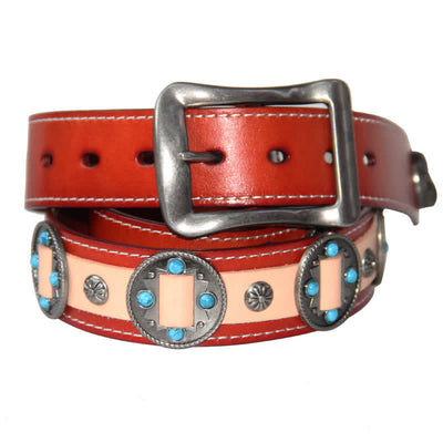 Men's Turquoise Inlay Floral Studded Leather Belt