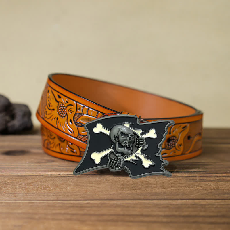 Men's DIY Jolly Roger Skull Flag Buckle Leather Belt