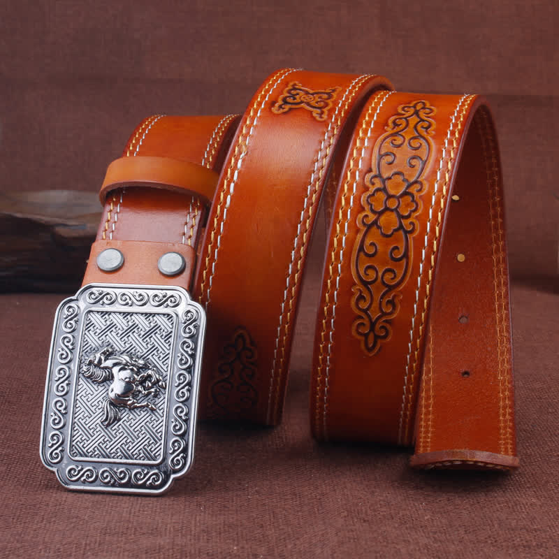 Men's Ethnic Cowboy Silver Horse Leather Belt