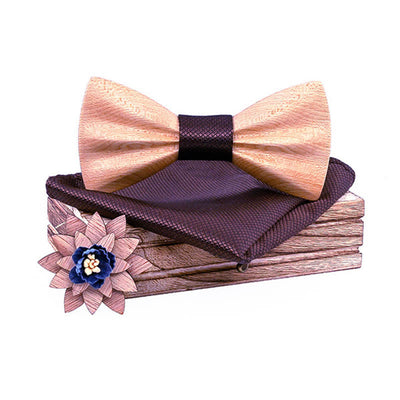 3Pcs Men's Hand Carved Crease Wooden Bow Tie Set