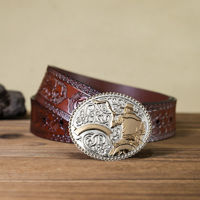 Men's DIY Cowboy Blowing The Horn Buckle Leather Belt