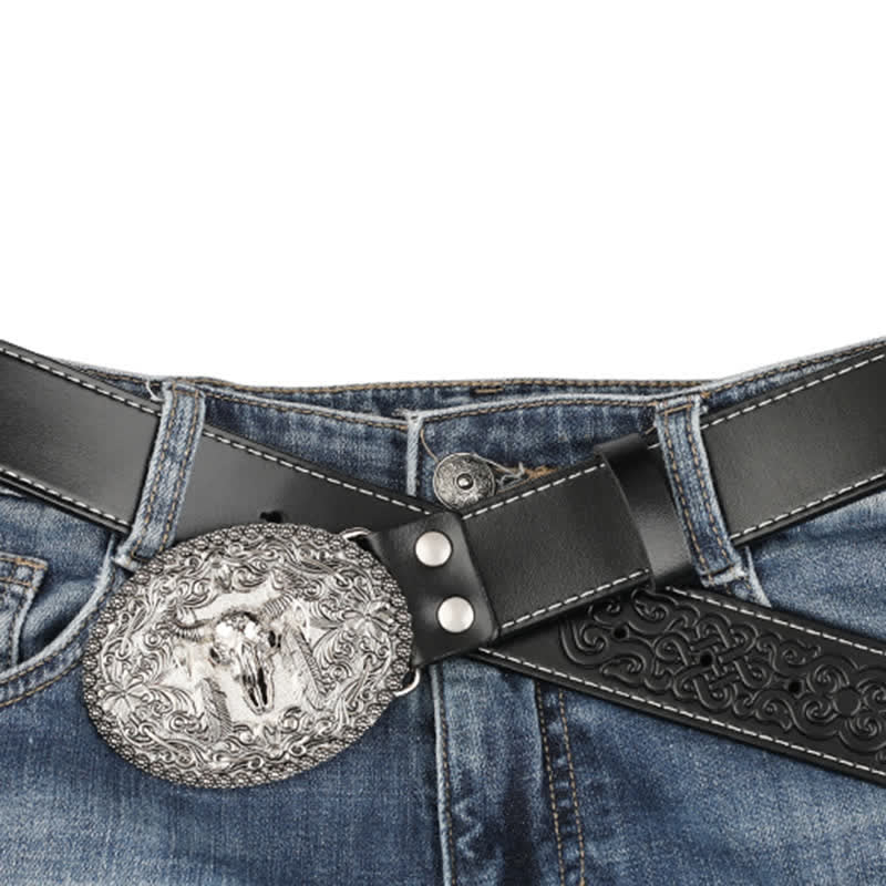 Men's Engarved Feather Bull Jeans Leather Belt