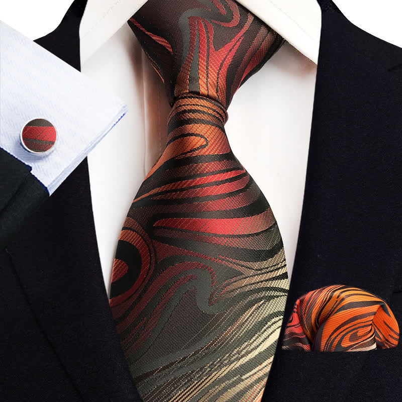 3Pcs Men's Red Flame Abstract Wavy Necktie Set