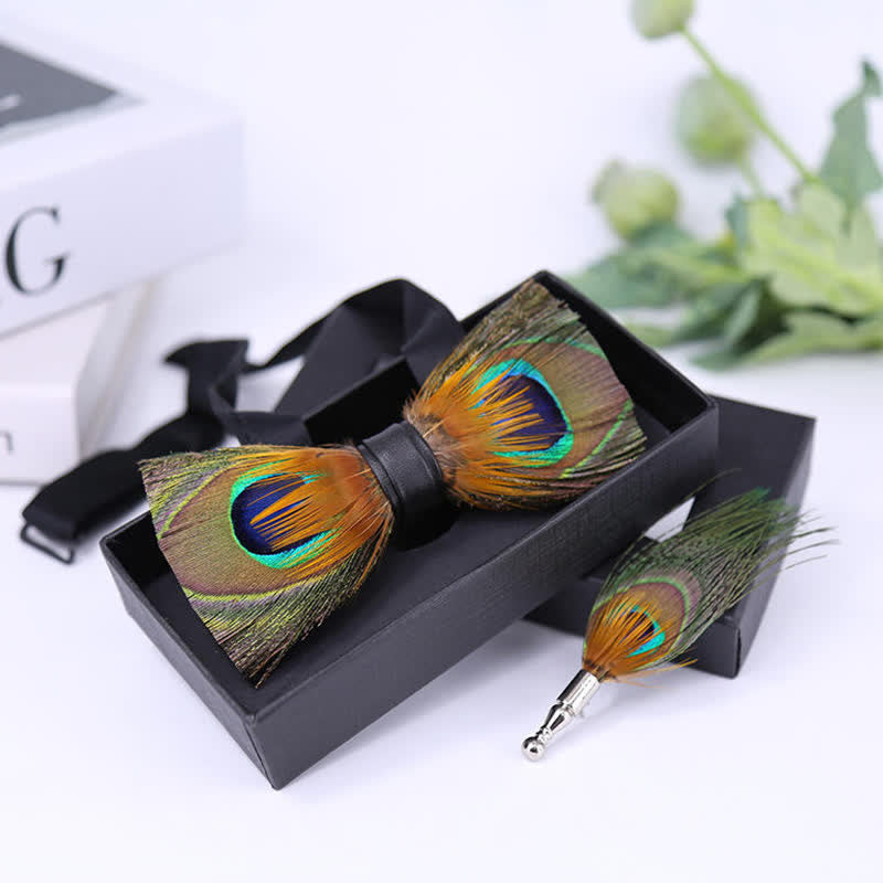 Green Peafowl Eyes Feather Bow Tie with Lapel Pin