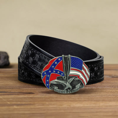 Men's DIY Eagle Double Flags Dixie Buckle Leather Belt