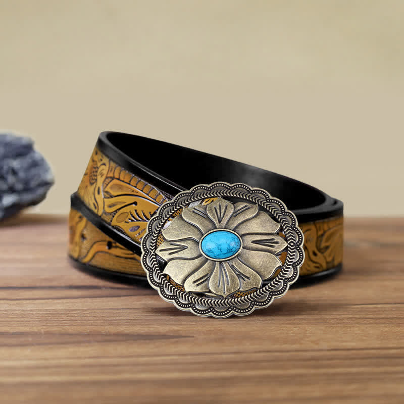 Men's DIY Turquoise Inlaid Floral Buckle Leather Belt