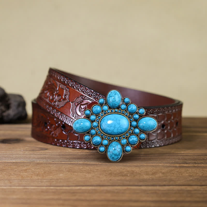 Men's DIY Luxury Turquoise Bronze Tone Buckle Leather Belt