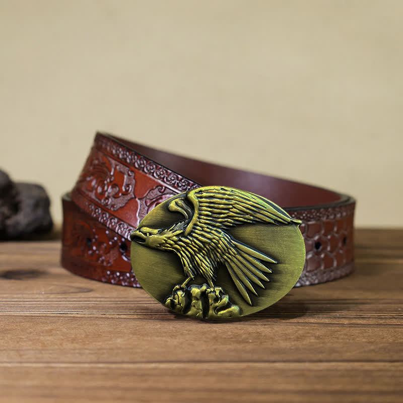 Men's DIY Eagle On Stone Buckle Leather Belt