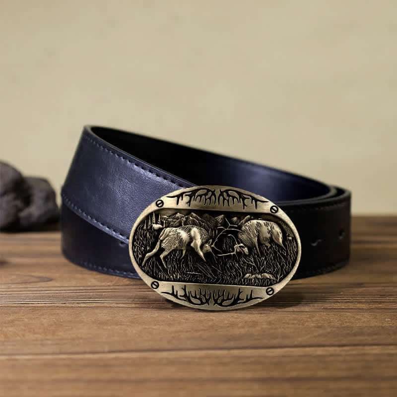 Men's DIY Wild Fighting Deer Buckle Western Leather Belt