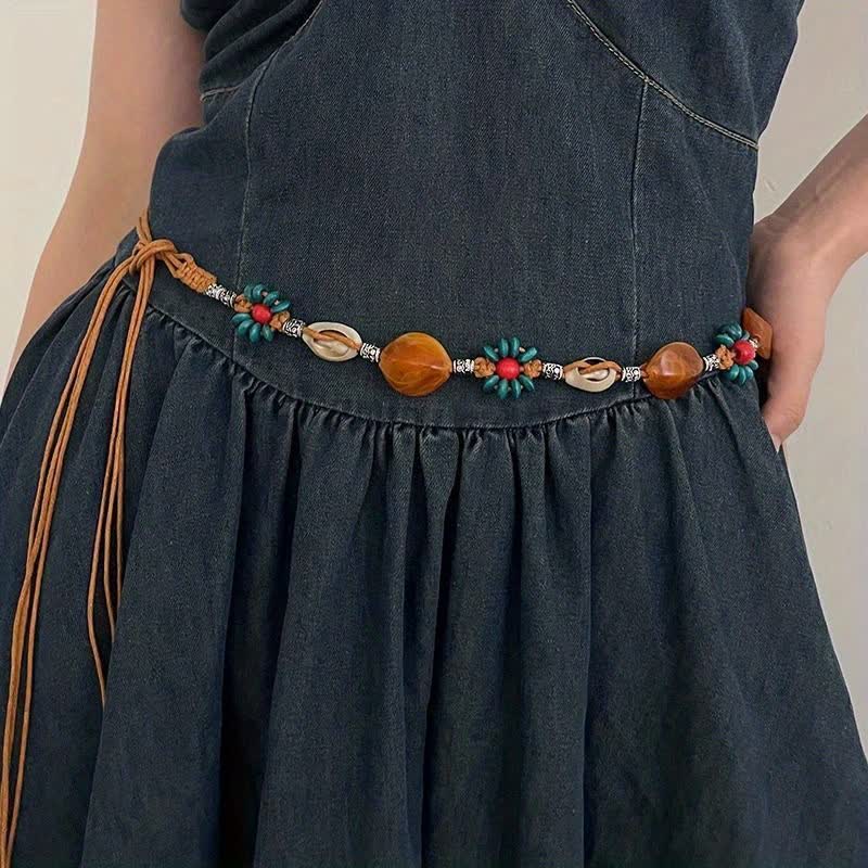 Women's Beaded Flower Shell Boho Braided Waist Rope Belt