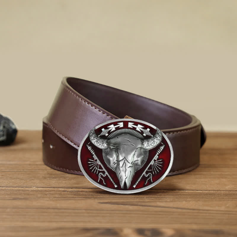 Men's DIY Indian Theme Bull Skull Buckle Leather Belt