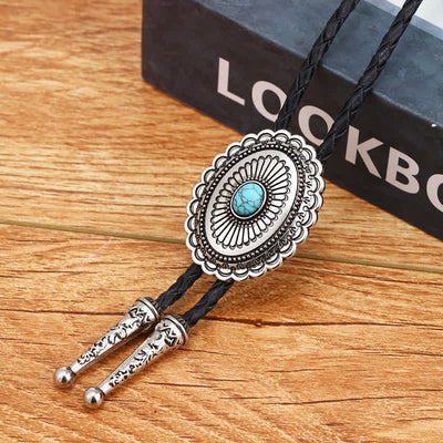 Natural Blue Turquoise Stone Medallion Bolo Tie