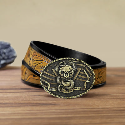 Men's DIY "Liberty or Death" Snake Skull Buckle Leather Belt