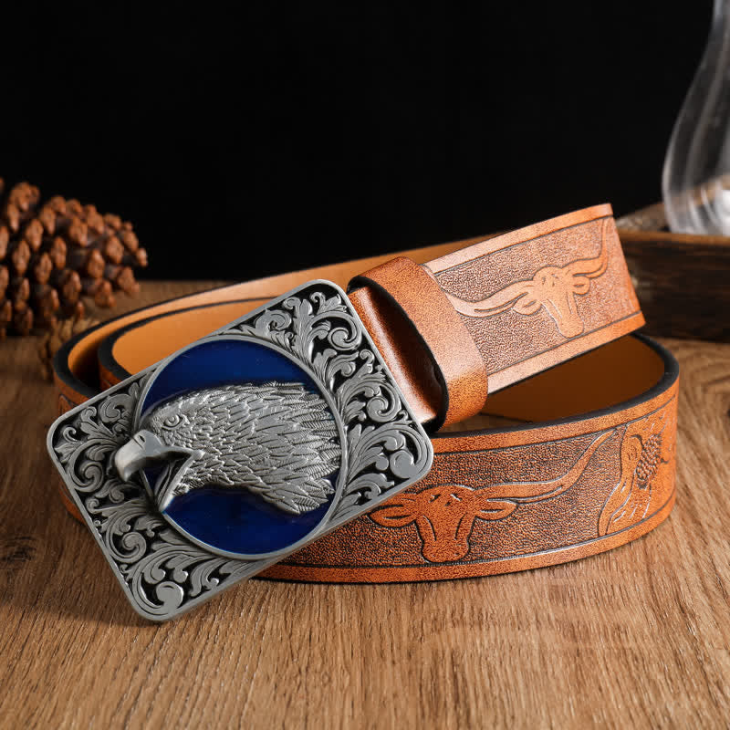 Men's Rectangular Bald Eagle Head Western Leather Belt