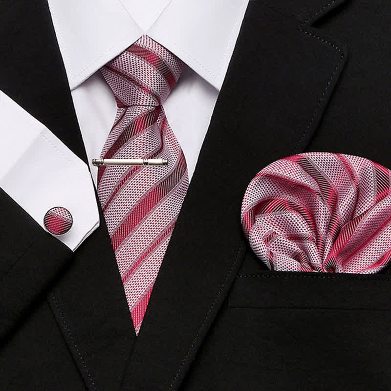 4Pcs Raspberry Men's Distinctive Stripe Necktie Set
