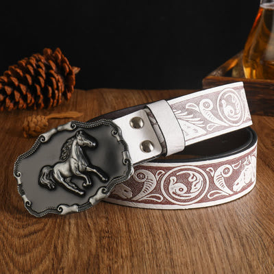 Men's Black Silver Running Horse Leather Belt