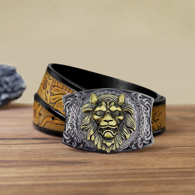 Men's DIY Gold Lion Hidden Folding Knife Leather Belt