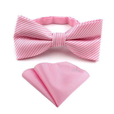 2Pcs Men's Fancy Plaid Striped Bow Tie Pocket Square Set