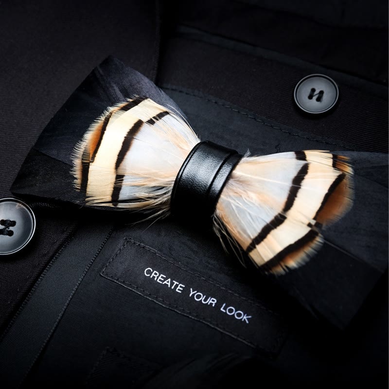 Brown & Black Swan Feather Bow Tie with Lapel Pin