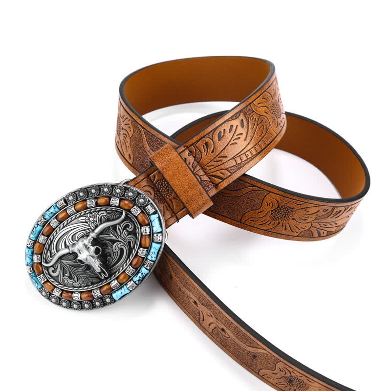 Men's Western Cowboy Turquoise Bull Leather Belt