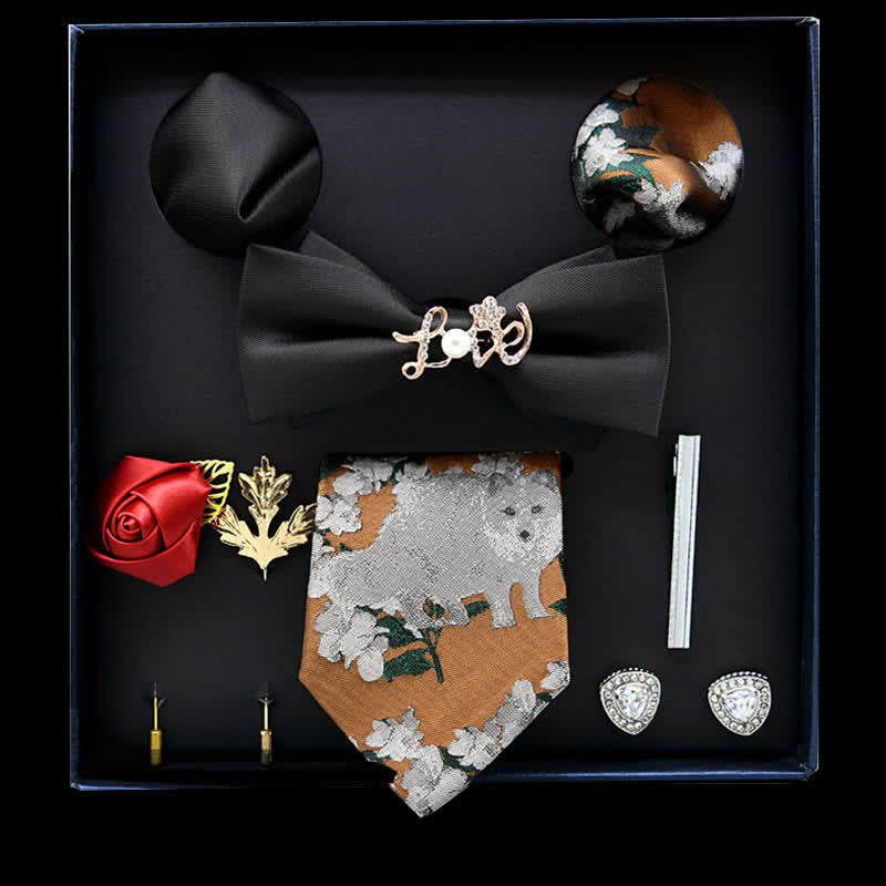 8Pcs Black&Goldenrod Floral Casual Necktie Bow Ties Gift Box
