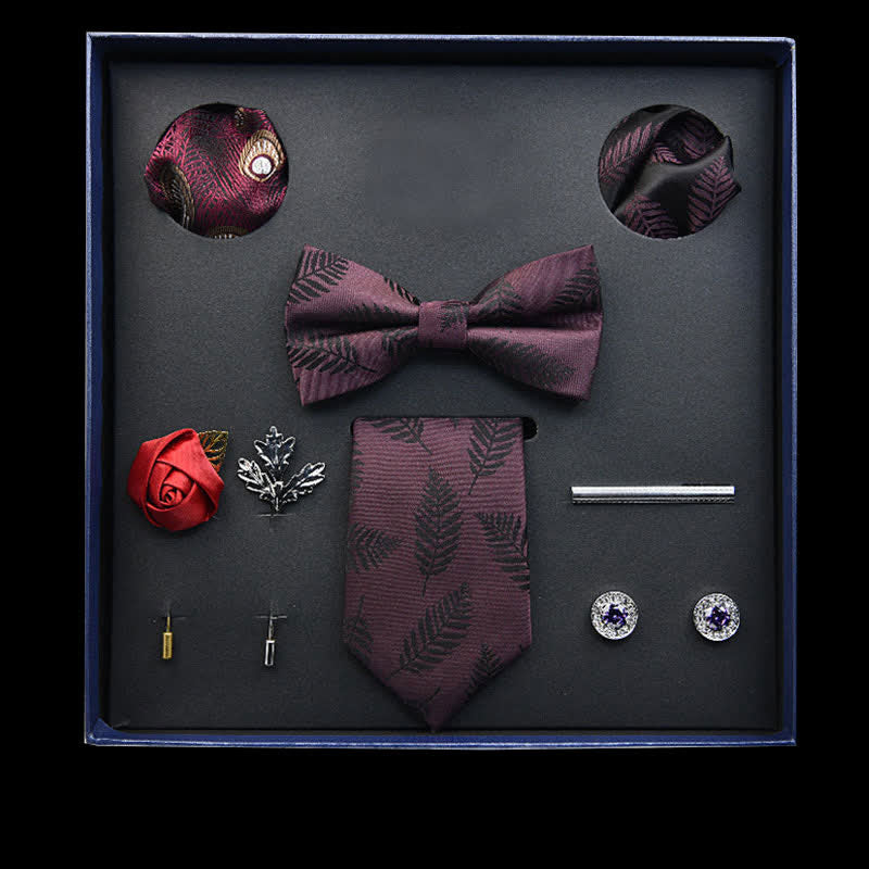 8Pcs Maroon Vintage Leaf Necktie Bow Ties Gift Box