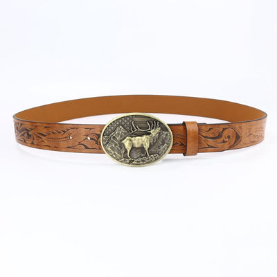 Men's Vintage Carved Deer American Flag Leather Belt