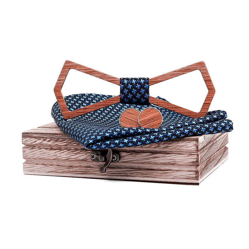 3Pcs Men's Hollow Carved Design Wooden Bow Tie Set