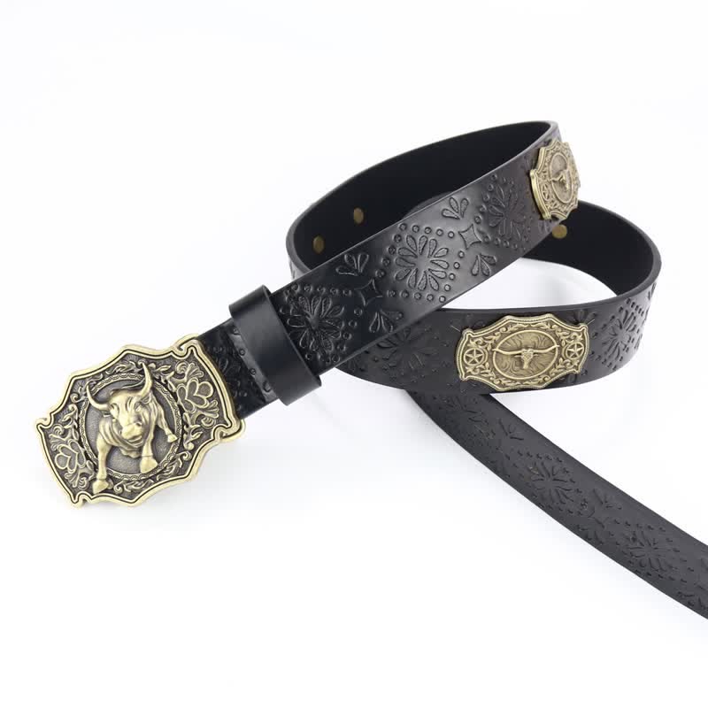 Men's Yak Matador Bull Decor Leather Belt