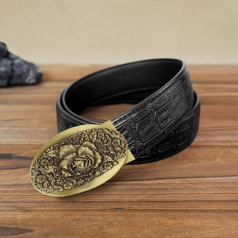 Men's DIY 3D Craved Flowers Automatic Buckle Leather Belt